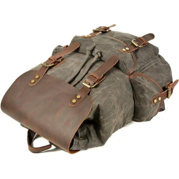 Leather Backpack for Men Waxed Canvas Shoulder Rucksack Carry-On Travel Backpack - Picture 2 of 6